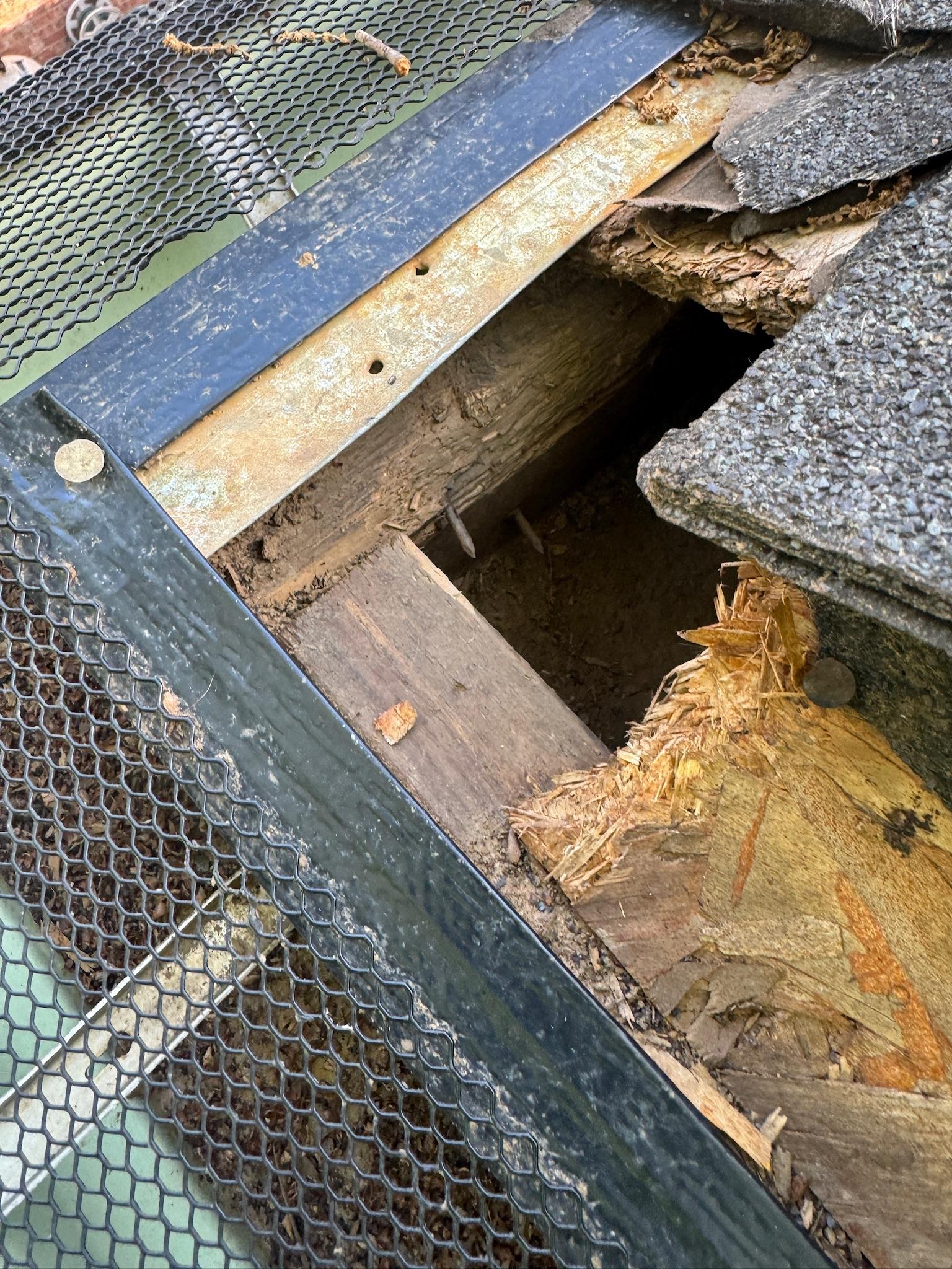 Exposed roof opening beside shingles and a wire mesh barrier