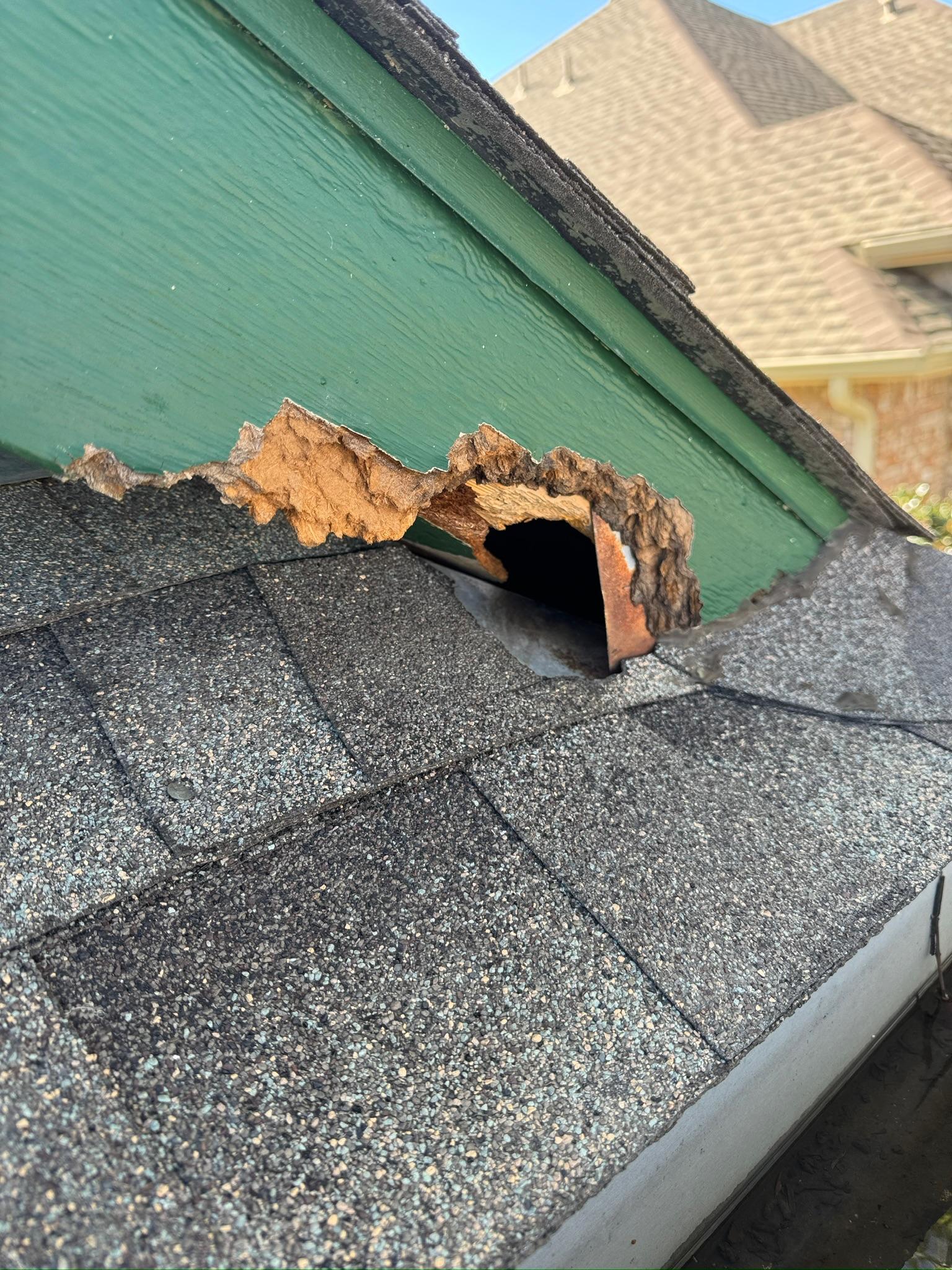 Hole in green exterior trim directly above roof shingles