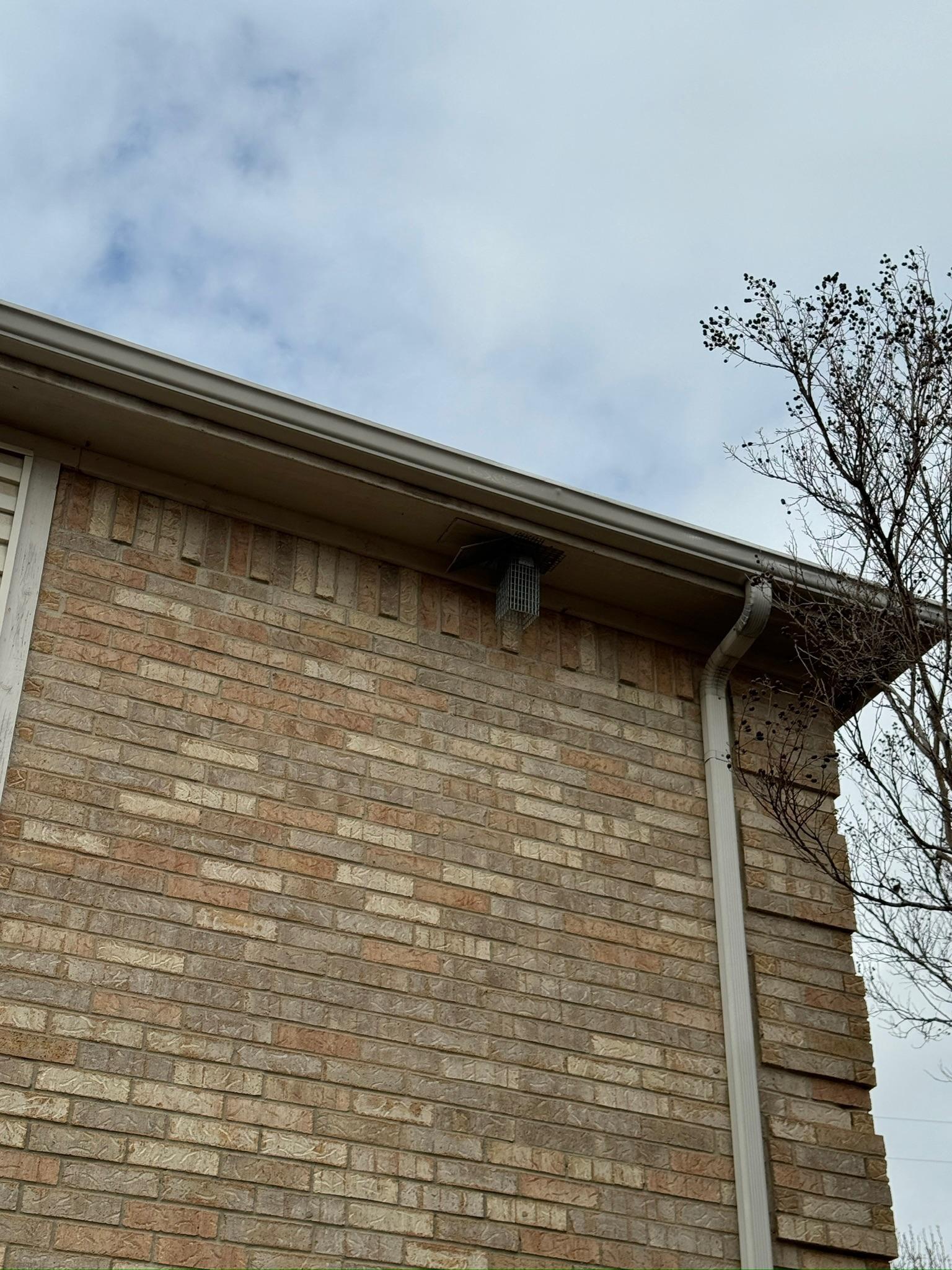 Long roof edge and gutter above a brick exterior wall