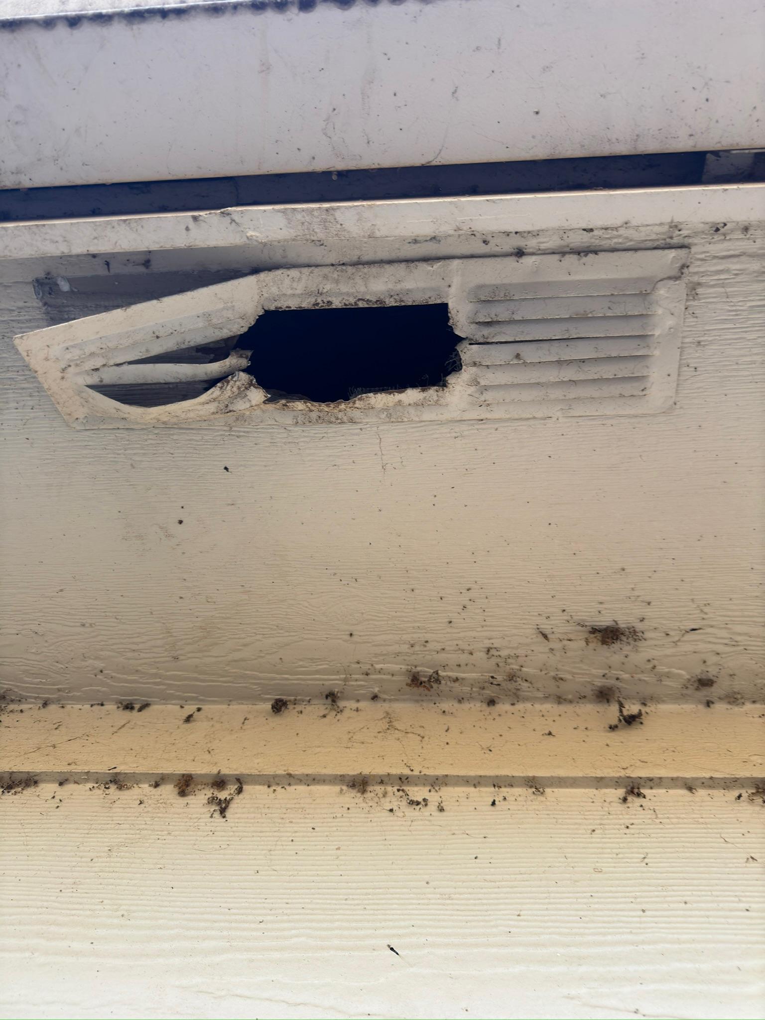 Broken rectangular vent opening in a white soffit panel